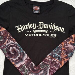 Harley-Davidson Black Shirt with Vibrant Tattoo Imprint Sheer Sleeves